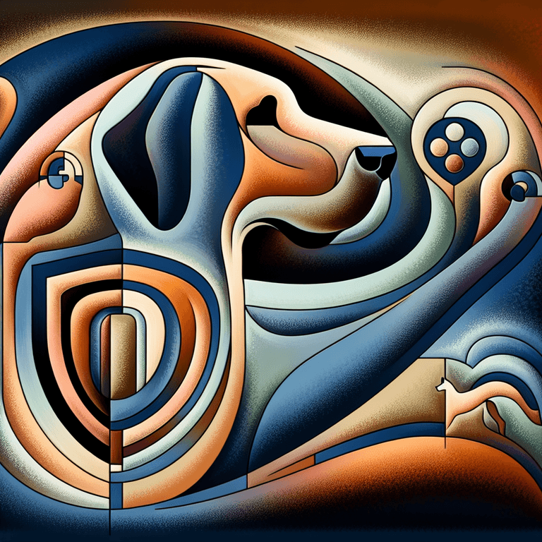 An abstract representation of a Great Dane, solid and majestic, featuring a subtle microchip symbol integrated into its form. The dog is surrounded by symbolic icons of safety, including a protective shield and a loving heart, creating an environment that conveys pet safety and security. The background is filled with warm, soft hues that evoke an inviting and comforting atmosphere, with an emphasis on form and color rather than intricate details.