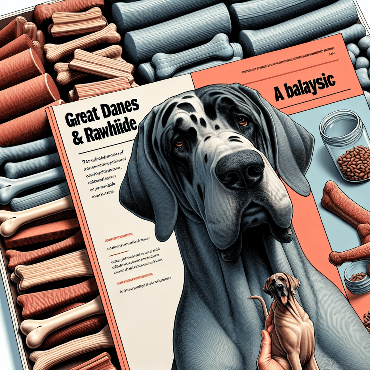 A digital art image of a Great Dane with a rawhide bone, symbolizing the topic "Great Danes & Rawhide."