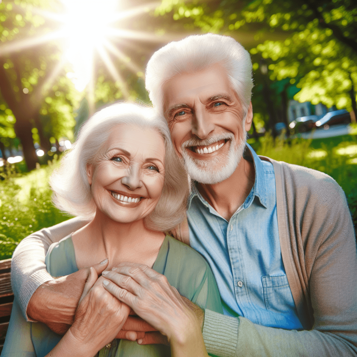 A joyful elderly couple, one Caucasian and one Hispanic, sitting on a park bench under the bright sun. They are smiling widely, surrounded by lush greenery in a vibrant park, embodying happiness and companionship in their later years.