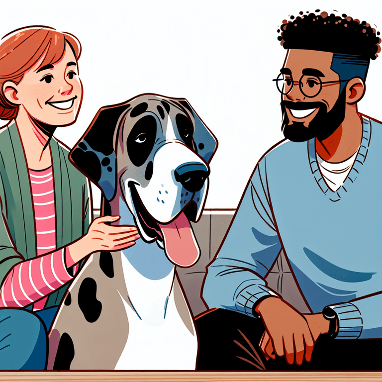 A cartoon-style illustration of a cozy living room featuring a smiling Caucasian woman and a Hispanic man affectionately interacting with their large Great Dane, who sits comfortably between them. The scene radiates warmth and affection, showcasing the family bond in a cheerful atmosphere. The Great Dane's majestic stature and friendly demeanor are highlighted, adding to the tender moment shared among the family members.
