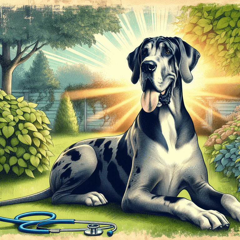 A vintage-style illustration of a healthy Great Dane sitting proudly in a lush green yard, surrounded by vibrant foliage. In the background, subtle visual markers of a veterinary clinic are present, including a stethoscope resting on the grass. Soft rays of sunlight filter through the trees, creating a warm and inviting atmosphere. The overall scene conveys feelings of assurance and trust in the dog's well-being, reflecting the charm and artistic features of late 19th to early 20th century art, without any legible text or writing.