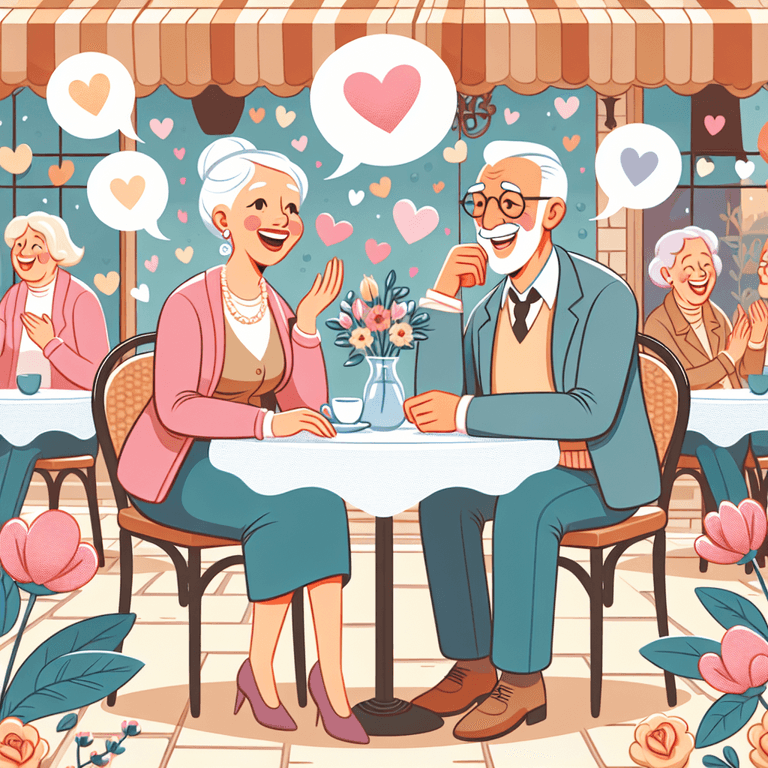 A cartoon-style image of a joyful congregation of seniors at a quaint café table, featuring a smiling Caucasian lady and a cheerful Hispanic gentleman engaged in lively conversation. The scene is filled with hearts and blooming flowers, symbolizing happiness and camaraderie in their later years. The background uses soft, welcoming colors to create a warm and inviting atmosphere.
