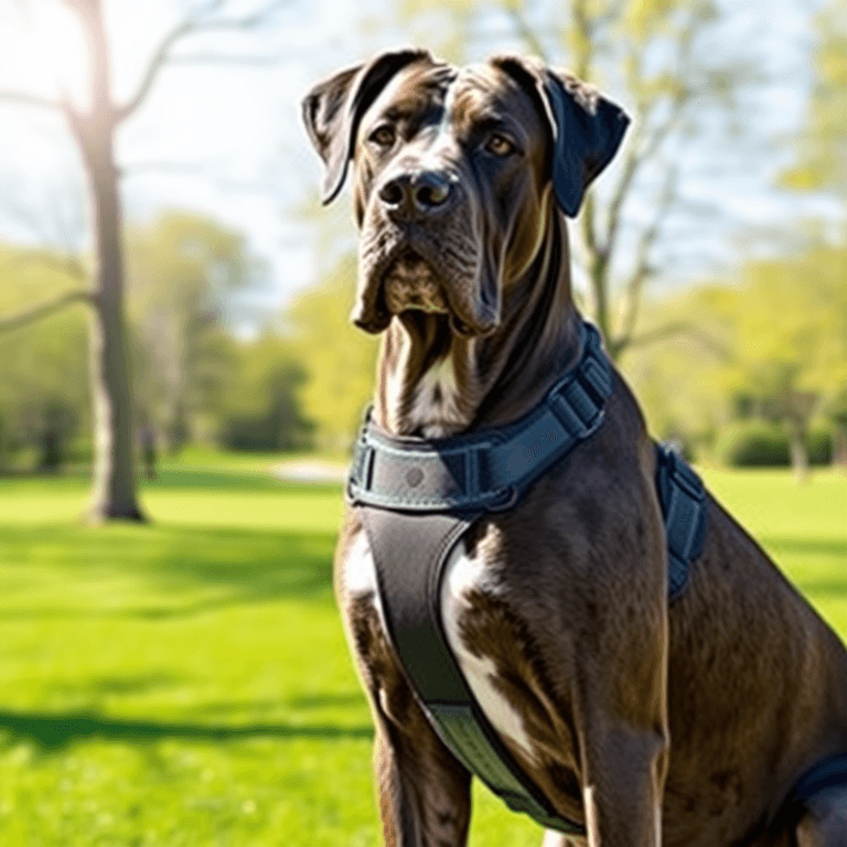 A majestic Great Dane in a sunny park, wearing a comfortable harness. The image highlights the dog's strong build and the harness's padded, adjustable design against a vibrant green background.