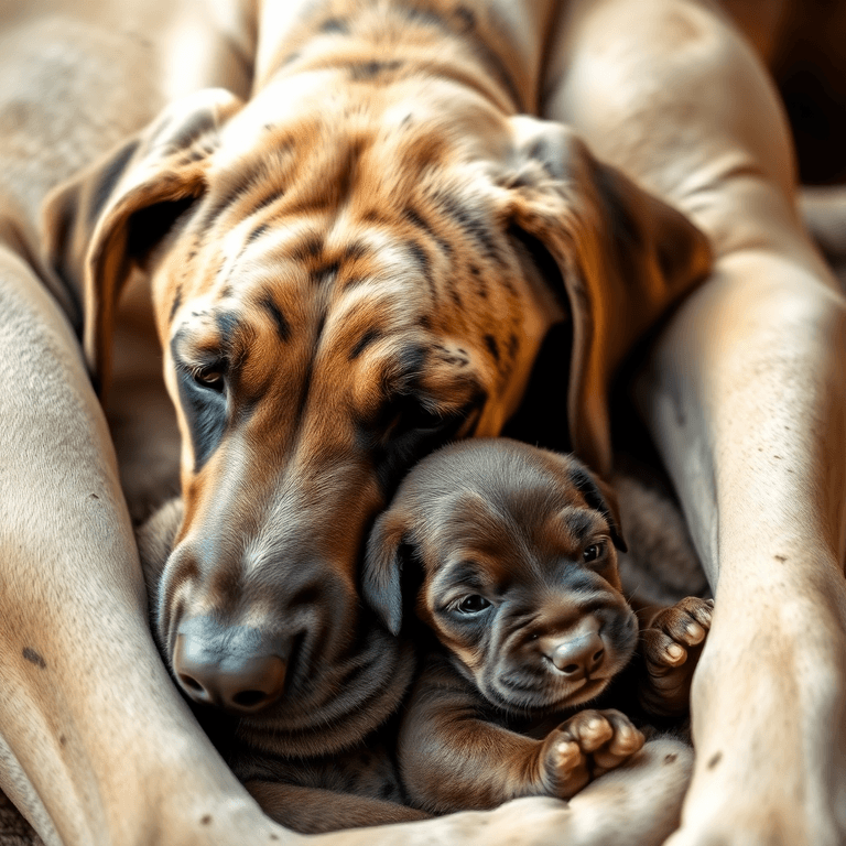 A small Great Dane puppy snuggles with its gentle mother in a cozy, warmly lit setting, highlighting their tender bond and the puppy's fluffy tiny size.