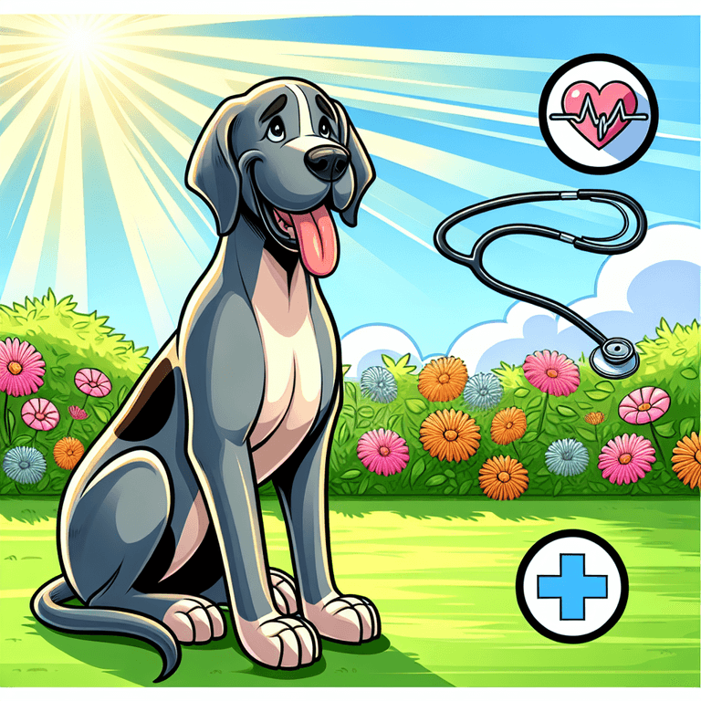 A cartoon-style Great Dane with a friendly expression sits joyfully in a sunny backyard filled with green grass and colorful flowers. Nearby, a stethoscope and a heart symbol rest on the ground, emphasizing health care awareness. The scene radiates warmth and positivity.