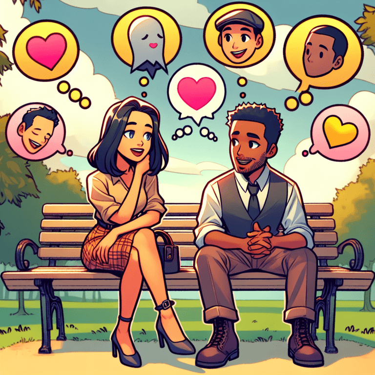 A cartoon-style illustration of a Hispanic man and an Asian woman sitting closely together on a park bench, surrounded by a serene park backdrop. They are sharing smiles and gazing into each other's eyes, with floating hearts and colorful thought bubbles above their heads symbolizing their emotions and connection. The scene radiates warmth, with lush greenery and soft sunlight enhancing the intimate atmosphere.