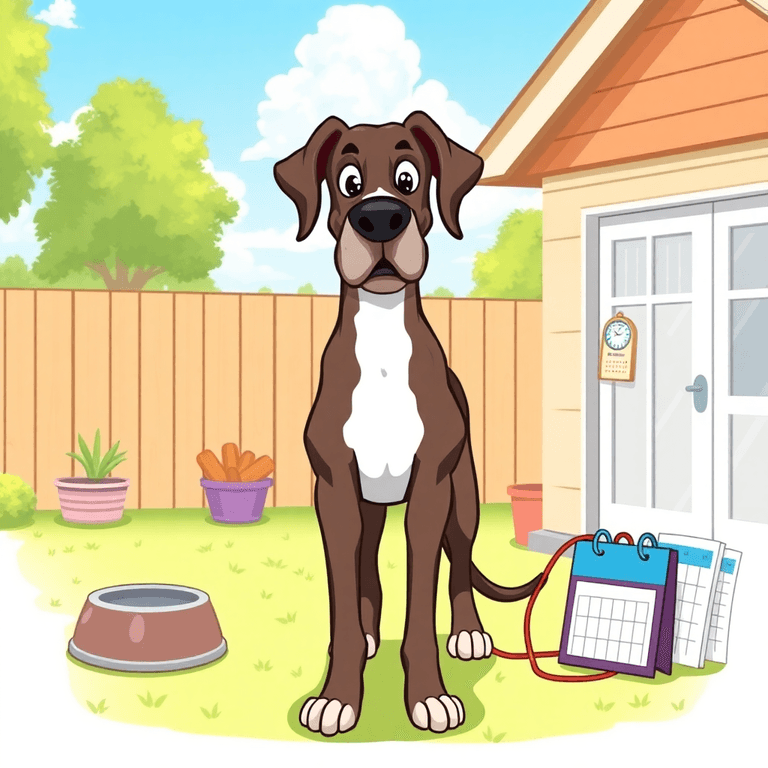 A cartoon-style Great Dane stands in a bright backyard, smiling gently. Surrounding it are a dog bowl, leash, and calendar, under a sunny sky with green grass.