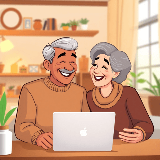 A cartoon of a senior couple smiling during a video call in a cozy, warmly lit home, showcasing love and connection through technology.