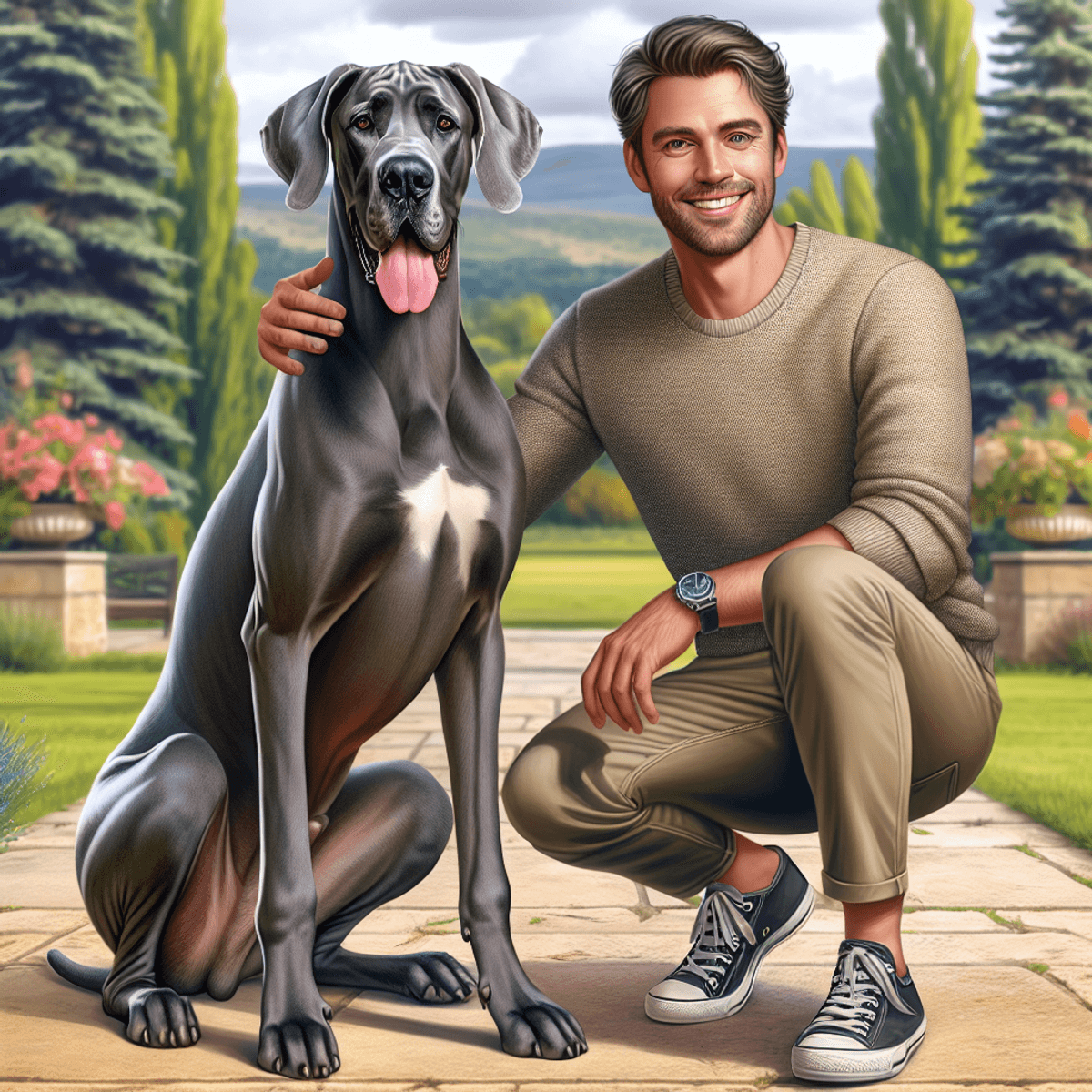 A male Caucasian owner kneels in a park, smiling kindly at his Great Dane, who stands alert with perked ears and a wagging tail. The owner gently caresses the dog's soft coat, showcasing their bond. The background features lush greenery, contributing to the warm and friendly atmosphere of the scene.