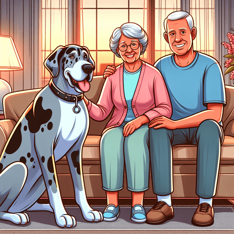 A cartoon-style image featuring a friendly Great Dane sitting comfortably beside an elderly couple, a smiling Caucasian man and a Hispanic woman. They are in a cozy living room with soft color tones, illuminated by warm light that creates an ambiance of companionship and warmth. The characters exude happiness and security in their inviting setting.