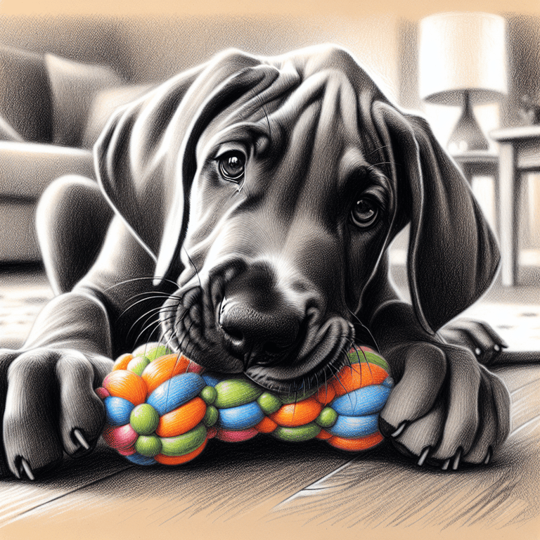 A monochromatic pencil sketch of a Great Dane puppy playfully biting a multi-colored toy, surrounded by a warm and welcoming home environment. The puppy's friendly and curious demeanor is evident, emphasizing its playful nature. The scene conveys safety and nurturing interaction, highlighting the importance of positive training in a loving atmosphere.