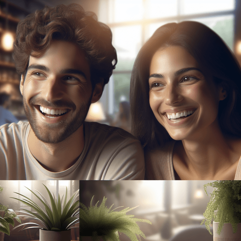 A smiling Caucasian man and a Hispanic woman sit closely together at a cozy café table, engaged in a deep conversation. Soft lighting creates a warm ambiance, highlighting their connection. Indoor plants add a touch of nature, enhancing the serene atmosphere surrounding them.