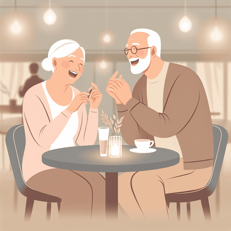 An older Caucasian man and a Hispanic woman share a joyful moment at a cafe table, their faces illuminated with laughter and excitement. The background is softly blurred, emphasizing their exhilarated expressions and the warmth of their connection in this minimalist scene.