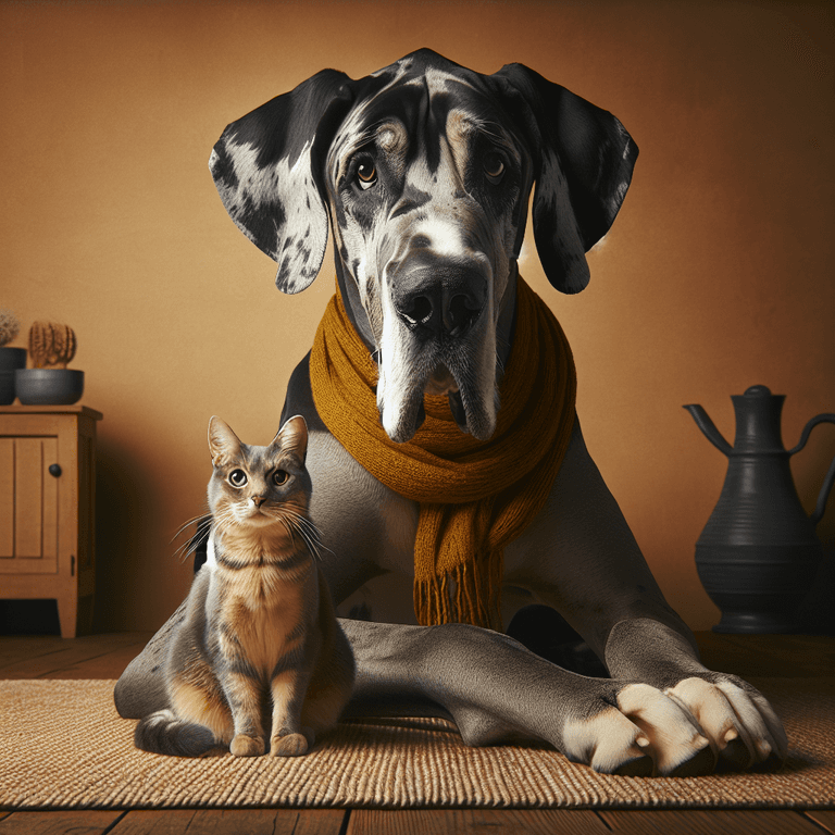A digital art representation of a cat and a Great Dane sitting together, symbolizing harmony between different species.