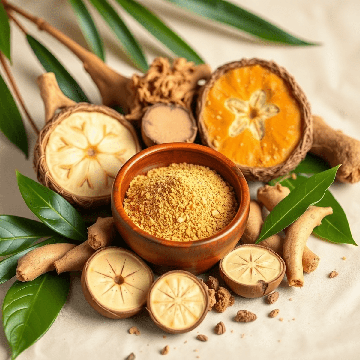 A wooden bowl filled with kava powder surrounded by various kava root strains and tropical leaves, set against a calming, natural background.
