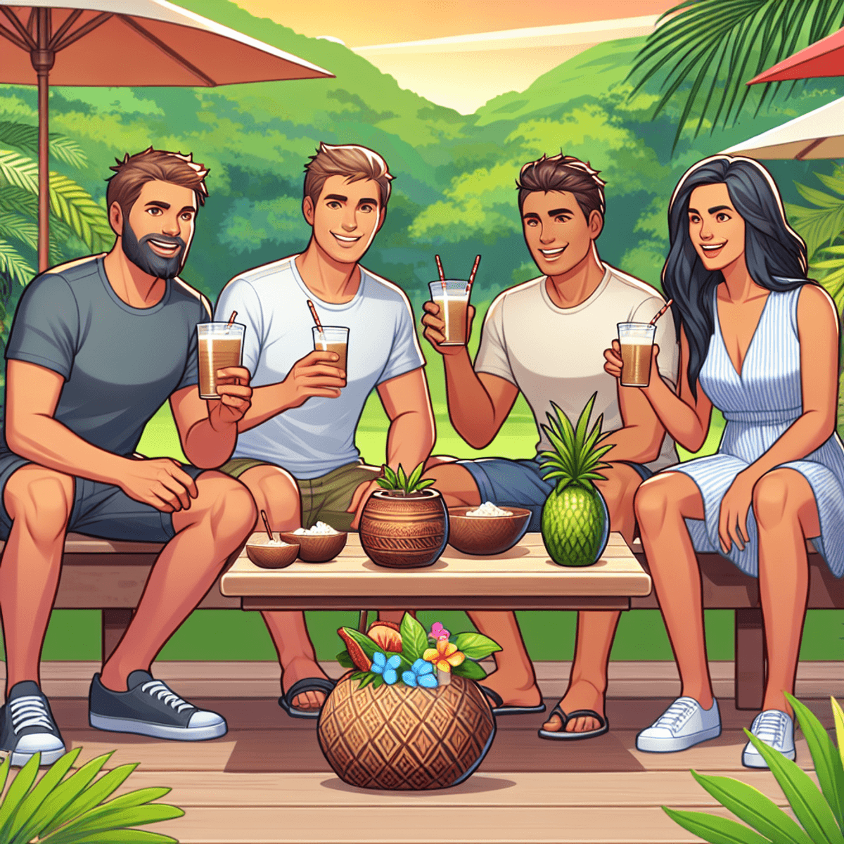 A group of friends, including Caucasian and Hispanic individuals, sit together on picnic blankets in a lush green park. They are smiling and laughing, holding kava drinks in colorful cups. The background is filled with vibrant greenery, including trees and flowering plants, creating a lively and positive atmosphere. The sunlight filters through the leaves, adding warmth to the scene as they enjoy their leisure time together.