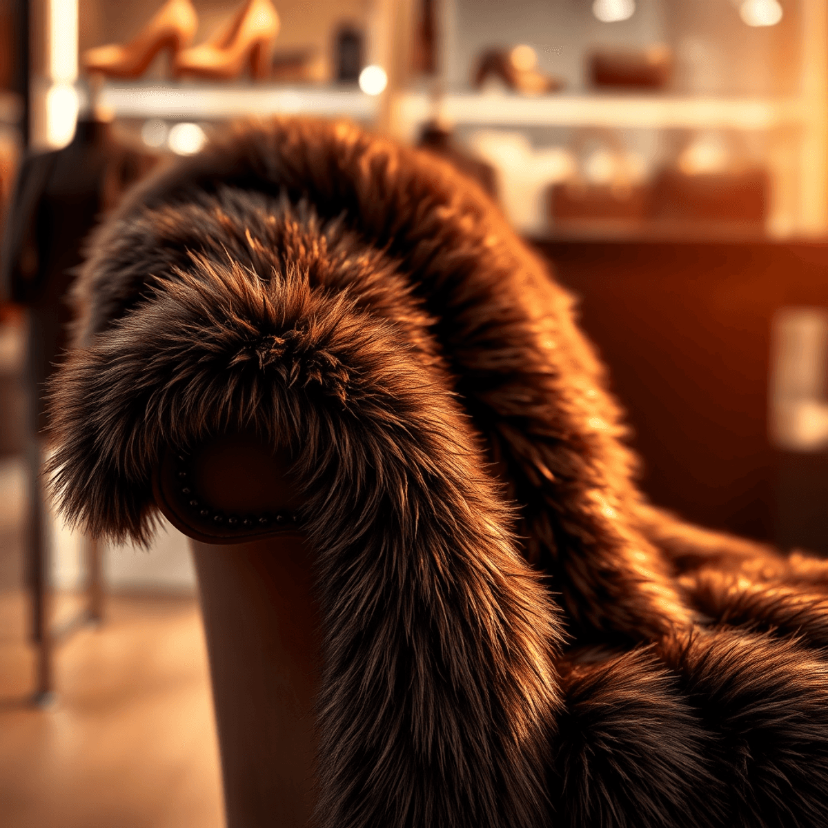 A close-up of a luxurious fur coat draped over a stylish chair, illuminated by warm lighting, with blurred silhouettes of fashion accessories in the background.