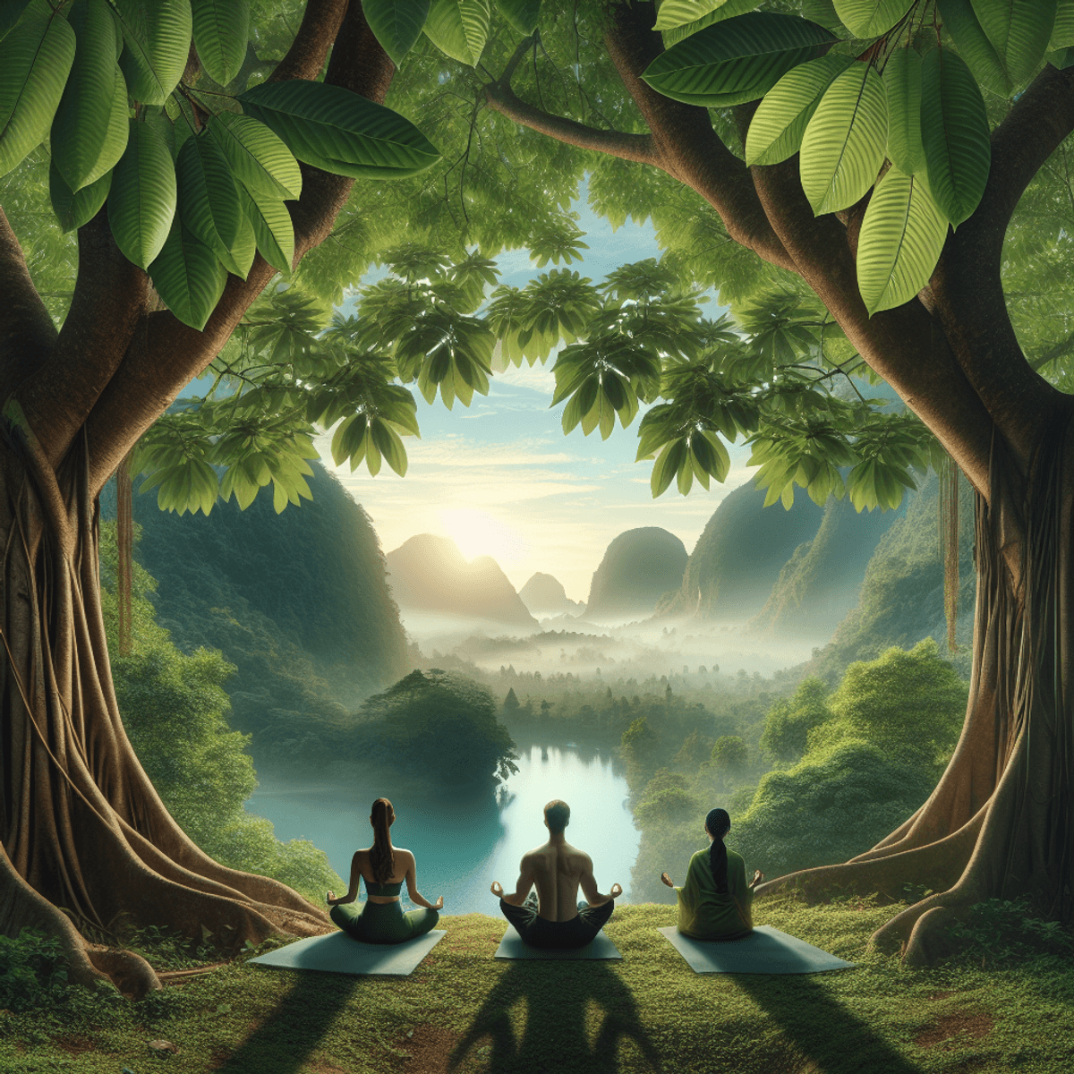 A large Mitragyna speciosa tree with vibrant green leaves stands prominently in a serene Southeast Asian landscape, providing a shaded canopy. Below the tree, a Caucasian man and an Asian woman engage in meditation and yoga, respectively, wearing culturally reflective attire. The scene conveys a sense of tranquility and well-being, highlighting their harmonious interaction with nature.