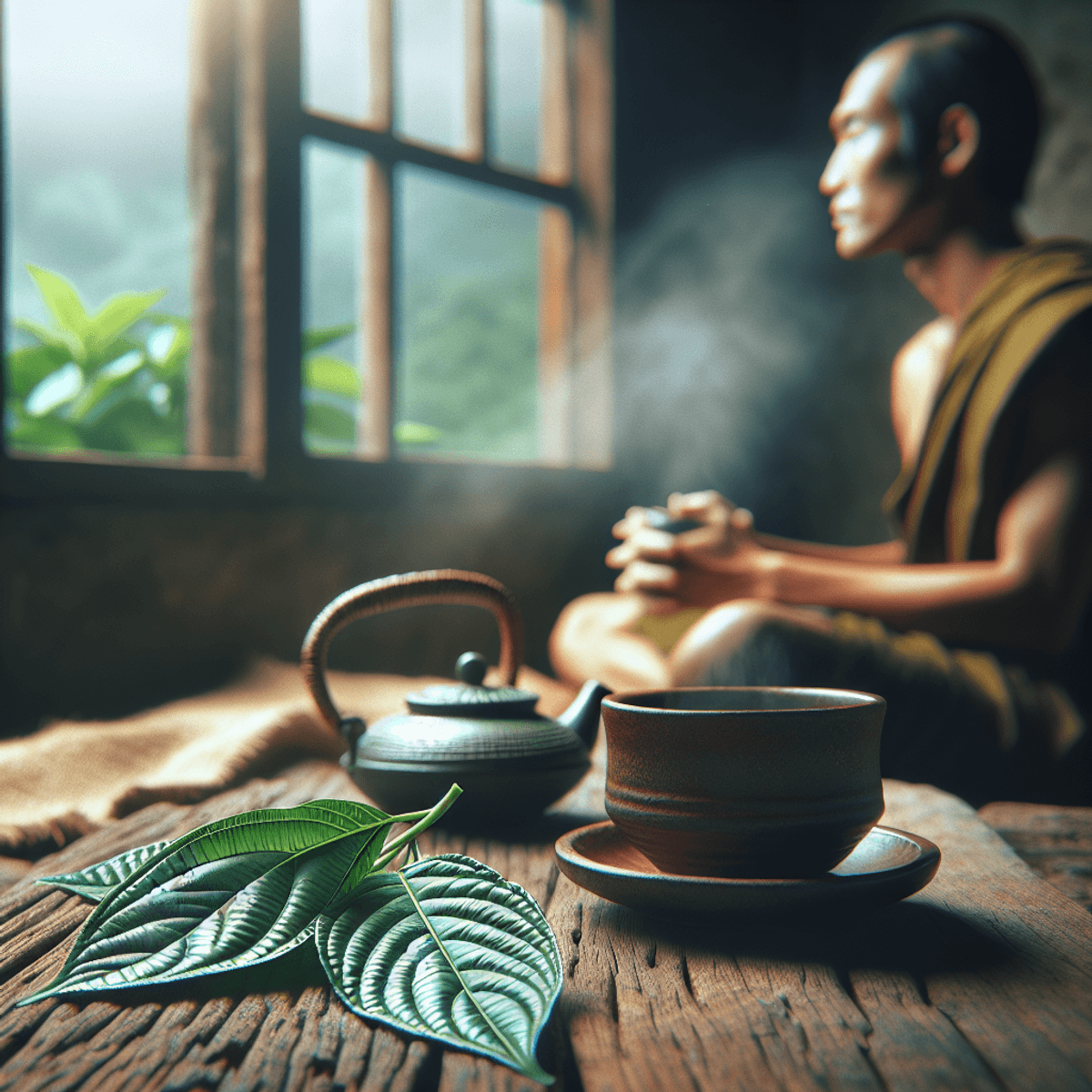 Close-up of vibrant green Kratom leaves on a rustic wooden table next to a steaming cup of herbal tea, while in the background, an Asian individual with a serene expression gazes thoughtfully out of a window, symbolizing contemplation and hope amidst personal challenges.