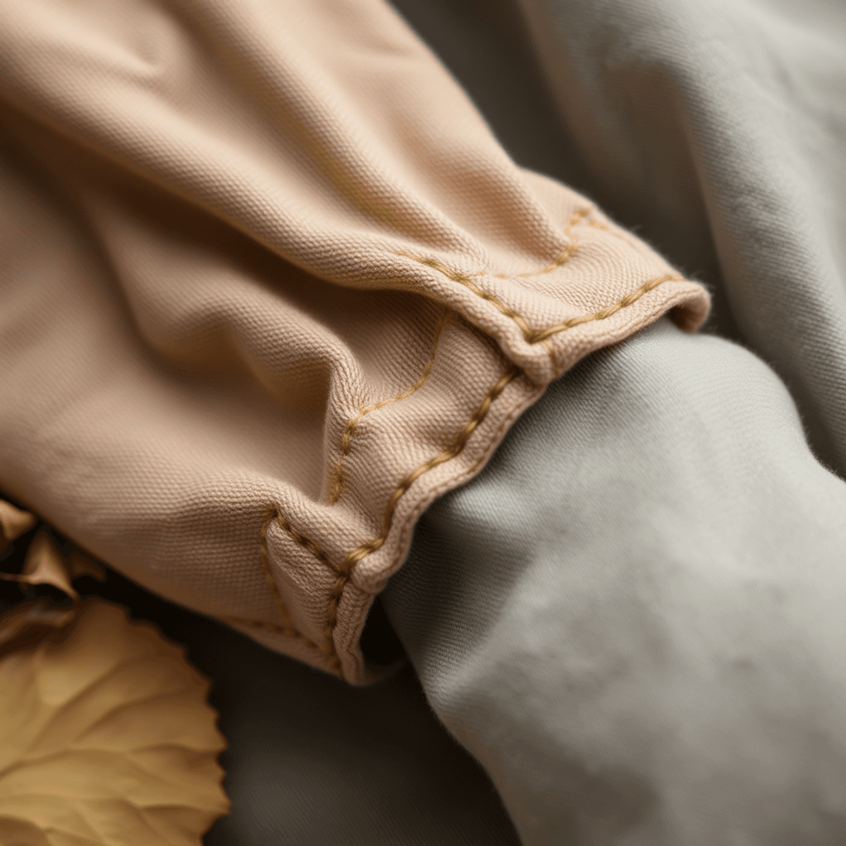 A close-up of a durable, intricately stitched piece of clothing made from organic materials, surrounded by natural elements like leaves and recycled fabrics.