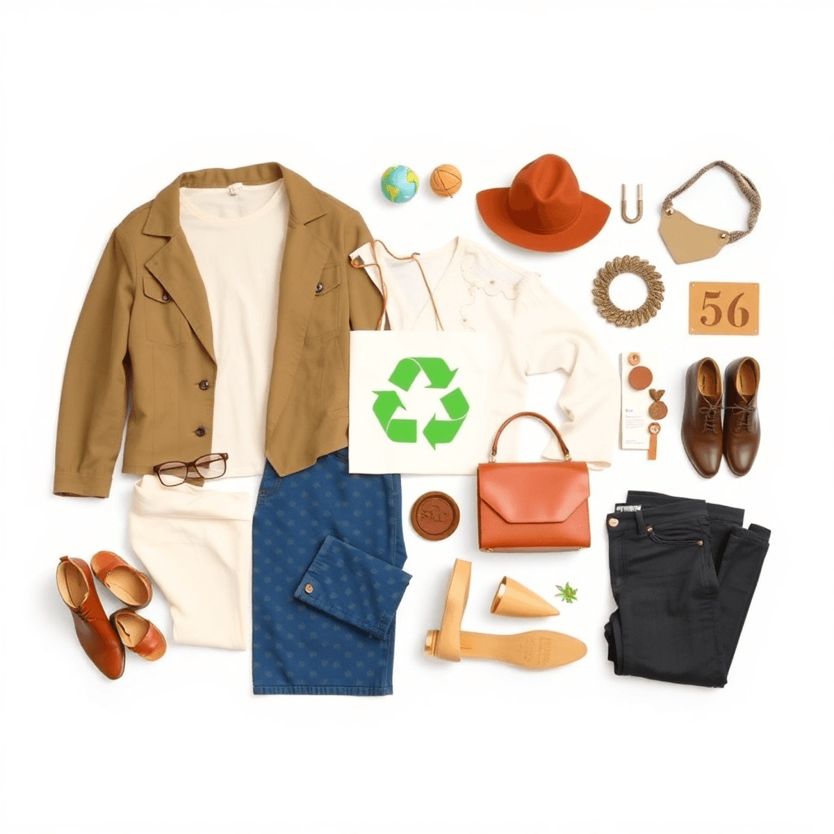 Flat lay of sustainable fashion items including organic cotton clothing, vegan leather accessories, and eco-friendly shoes with symbols of ethical fashion on a neutral background.