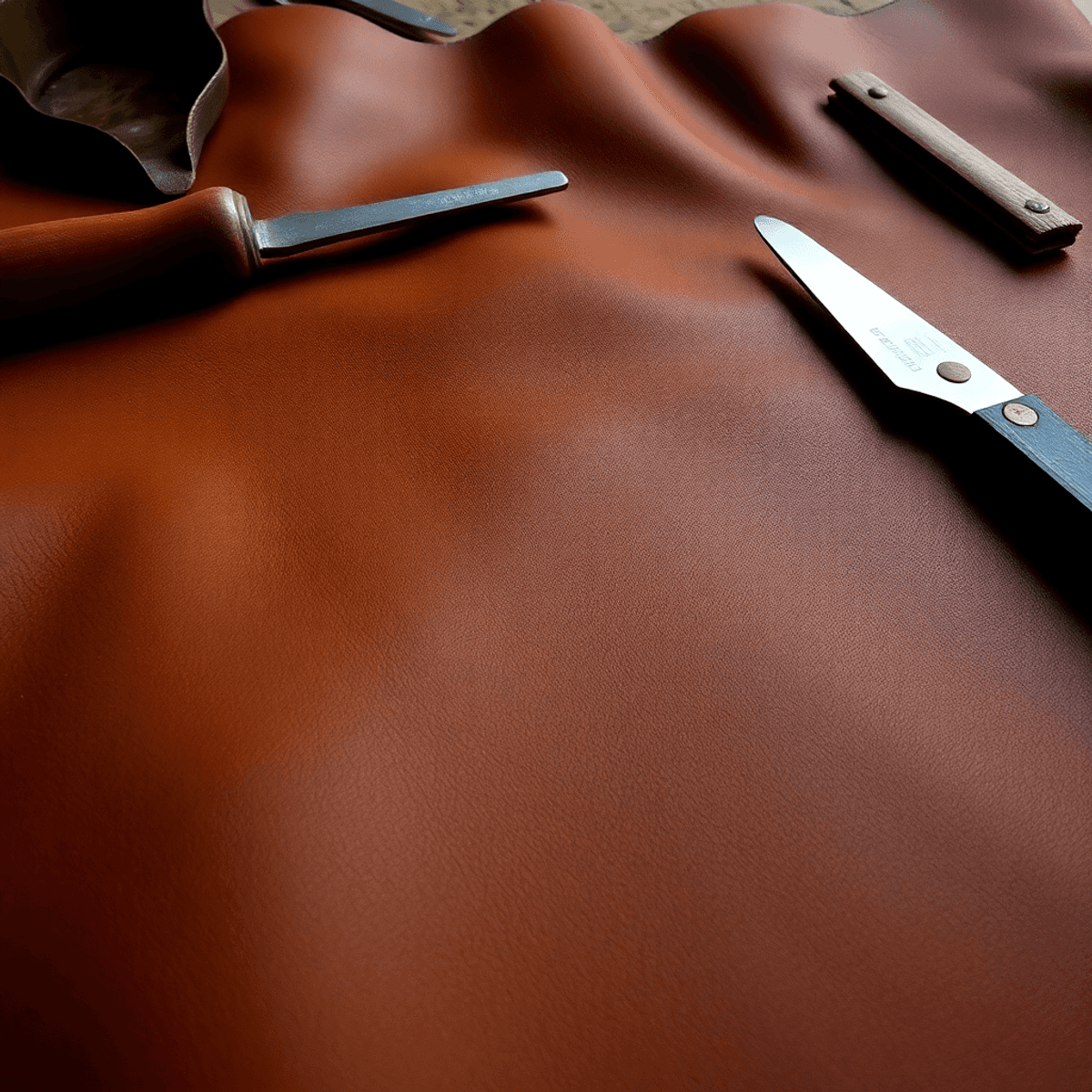 Close-up of a tanned leather hide, highlighting its rich texture and color, with tanning tools subtly placed nearby against a warm, inviting background.