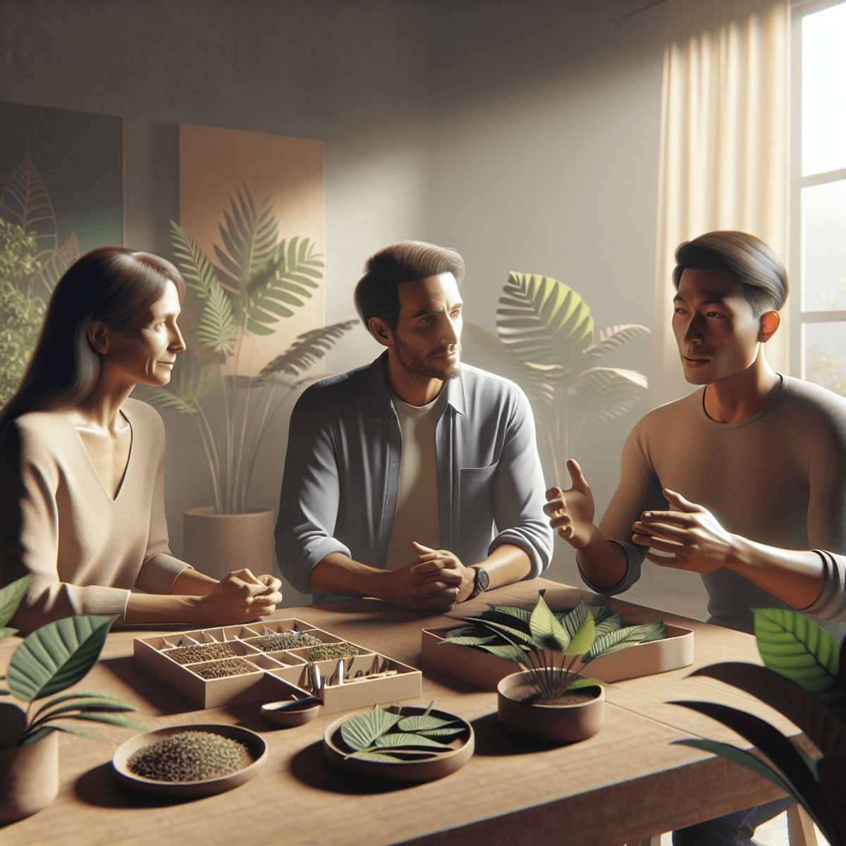 A mixed group of three people, a Caucasian woman, a Hispanic man, and an Asian man, engaged in an intense yet friendly discussion around a table filled with various types of kratom leaves. The indoor scene is softly lit, enhancing the relaxed atmosphere, while decorative plants in the background add to the calming theme.