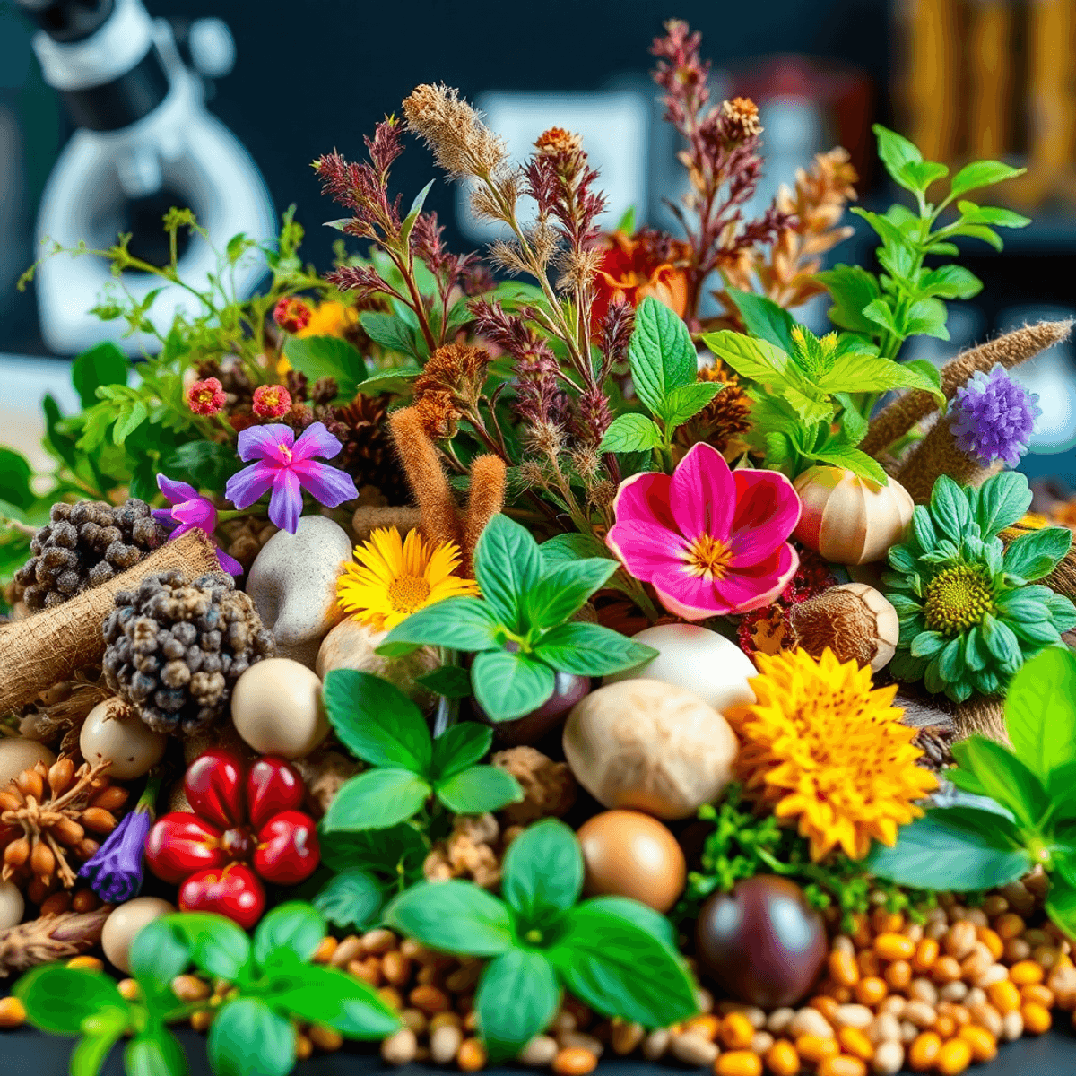 A colorful display of assorted herbs and botanicals with rich textures, alongside scientific equipment, highlighting the blend of nature and science.