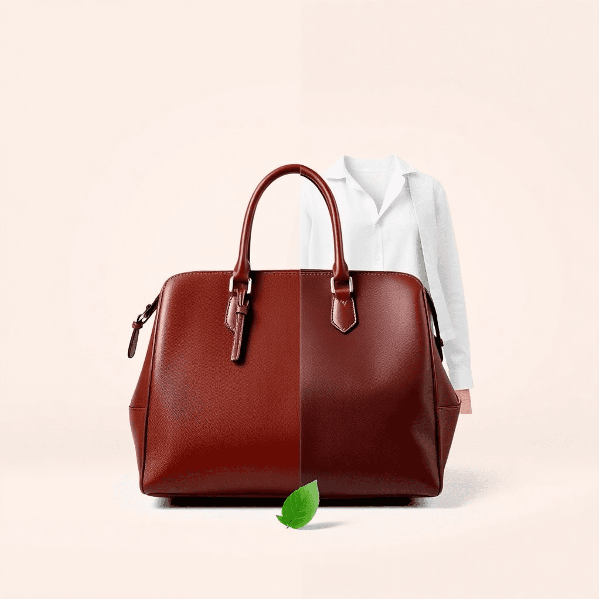 A split image showing a luxurious leather handbag alongside a trendy fast fashion outfit, both set against a neutral background with a small green leaf symbolizing sustainability.
