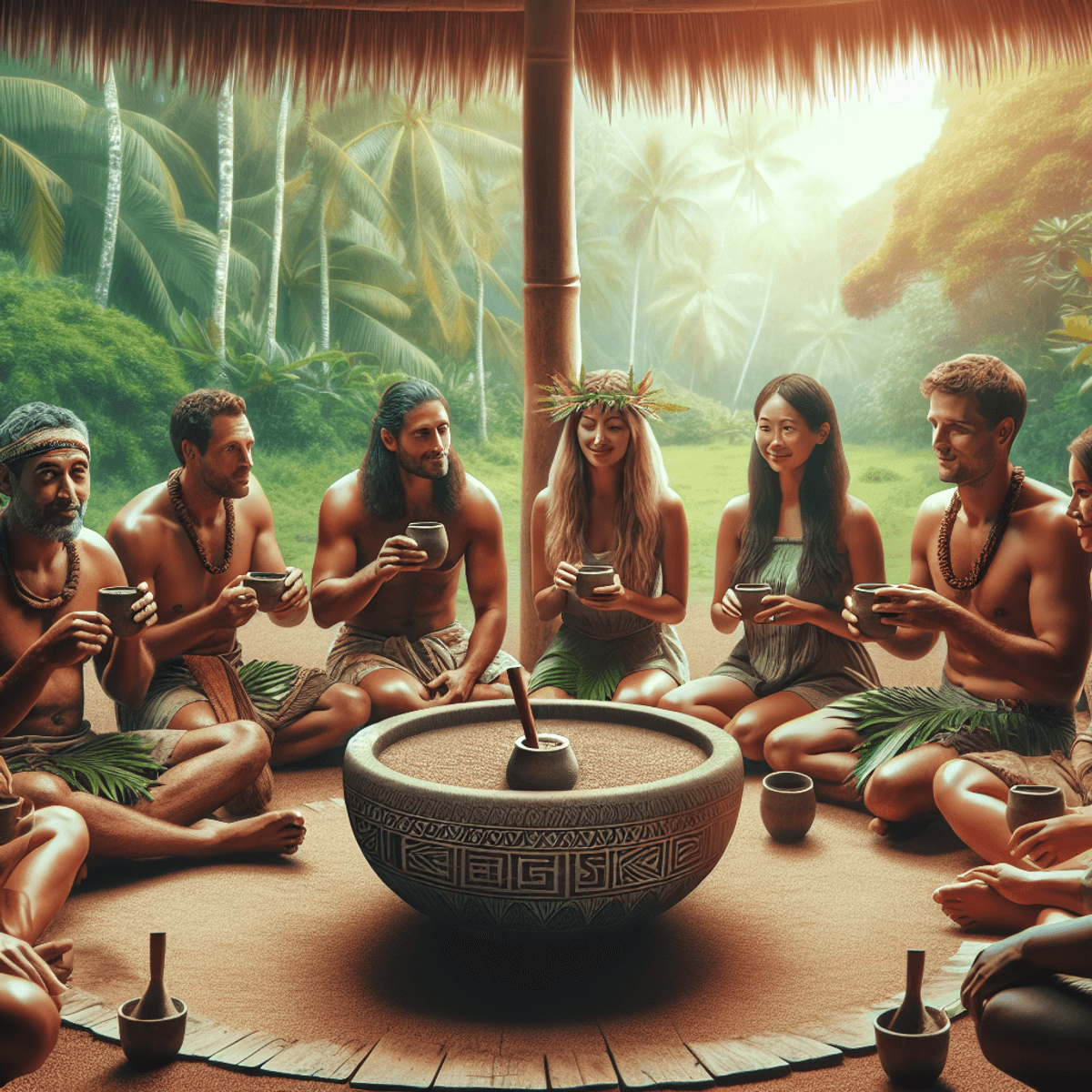 A diverse group of individuals, including people of Asian and Hispanic descent, participate in a traditional kava ceremony. They are seated in a lush, tropical environment surrounded by vibrant greenery. The participants are smiling and engaging with one another while holding cups filled with kava, creating an atmosphere of calmness and community. A large bowl of kava is placed at the center of the gathering, emphasizing the cultural significance of the ceremony.