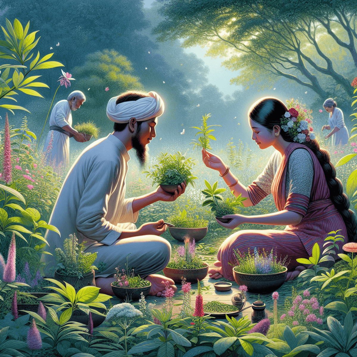 A South Asian woman and a Caucasian man are peacefully gathering herbs in a lush, vibrant garden filled with diverse plants and flowers. They are focused on their task, embodying a sense of racial harmony and connection to nature. The greenery around them emphasizes the importance of herbal medicine and traditional healing practices.