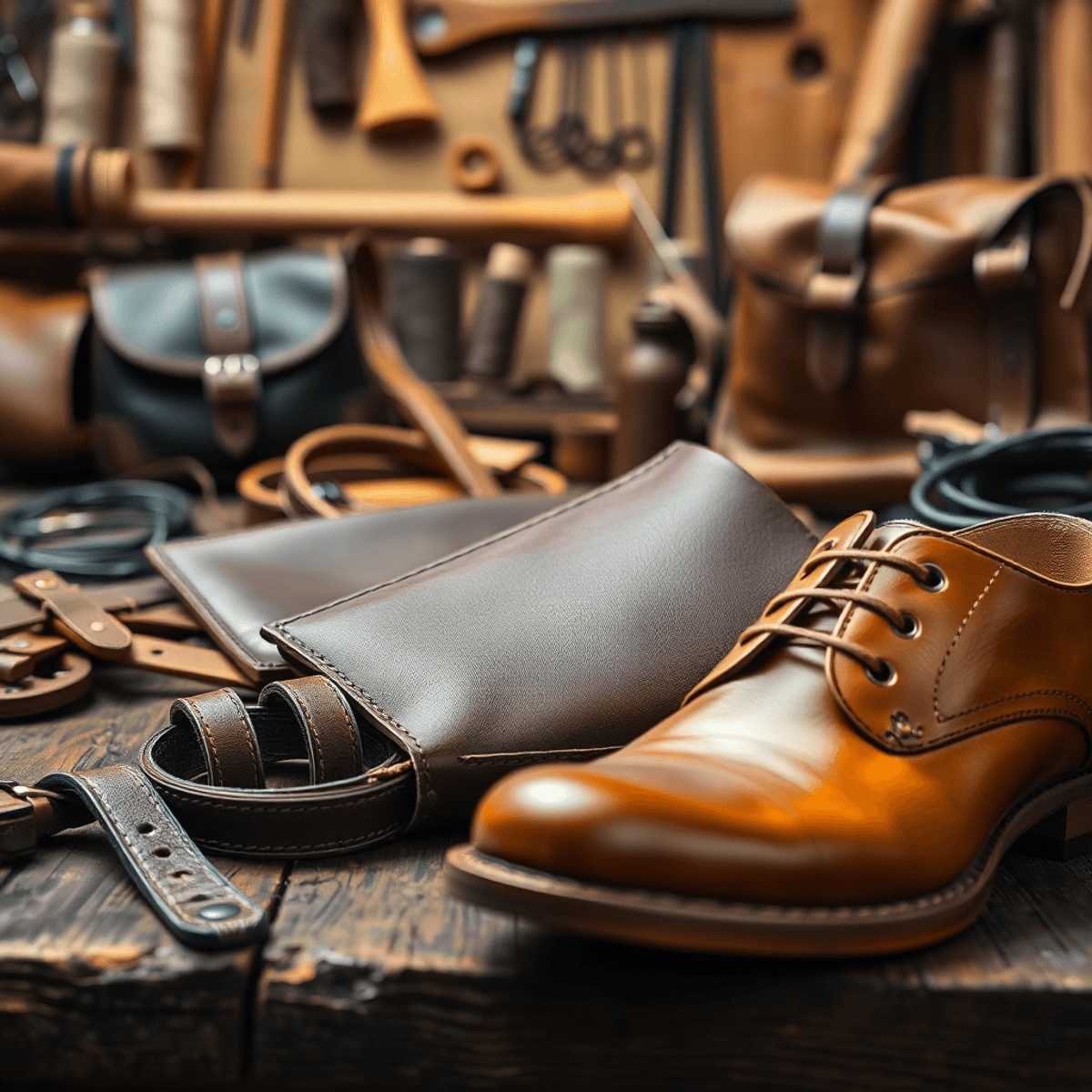 Close-up of leather bags, belts, and shoes on a rustic wooden table, with blurred leather crafting tools in the background, showcasing tradition and craftsmanship.