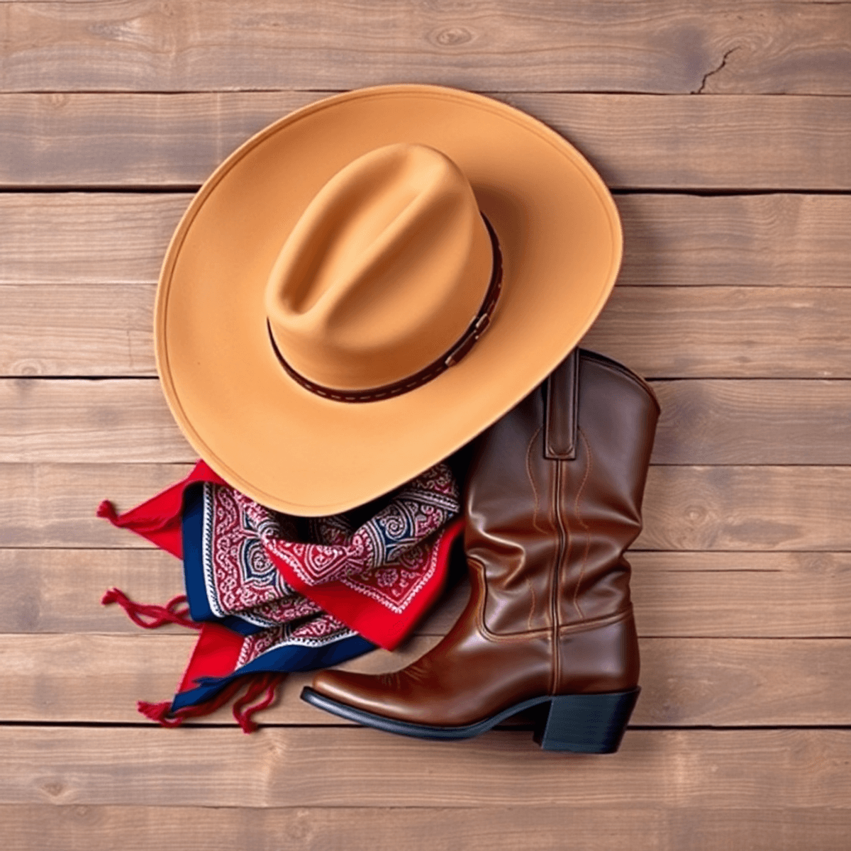 A stylish flat lay of a rugged Stetson hat, sturdy cowboy boots, and a colorful bandana on rustic wood, showcasing classic Western fashion elements.