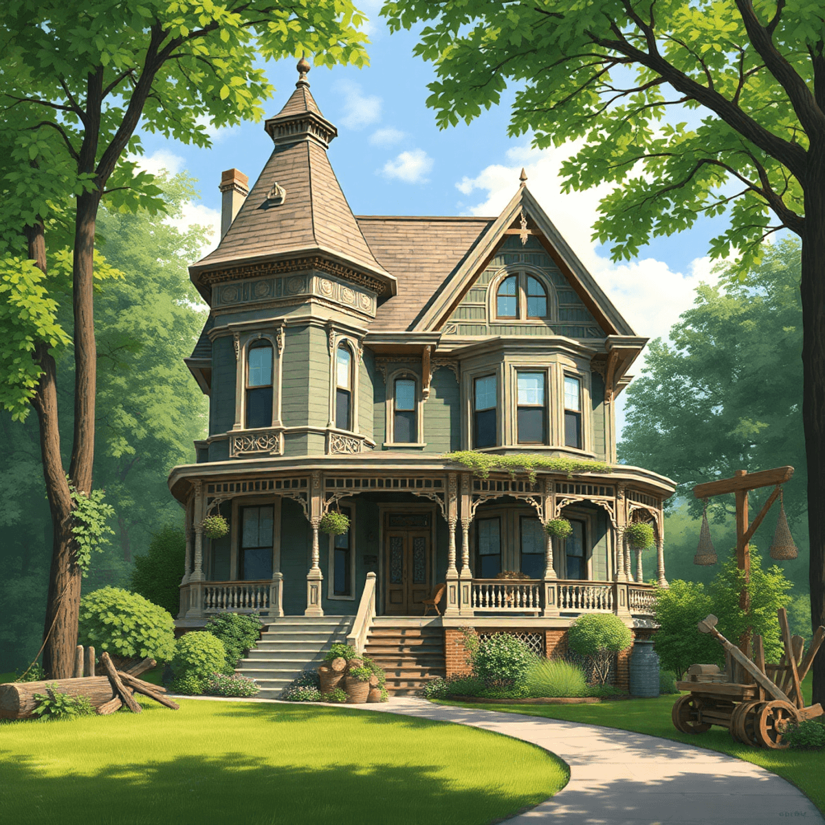 A Victorian home with intricate craftsmanship, surrounded by lush greenery and local artisan tools, evoking a sense of history and beauty.