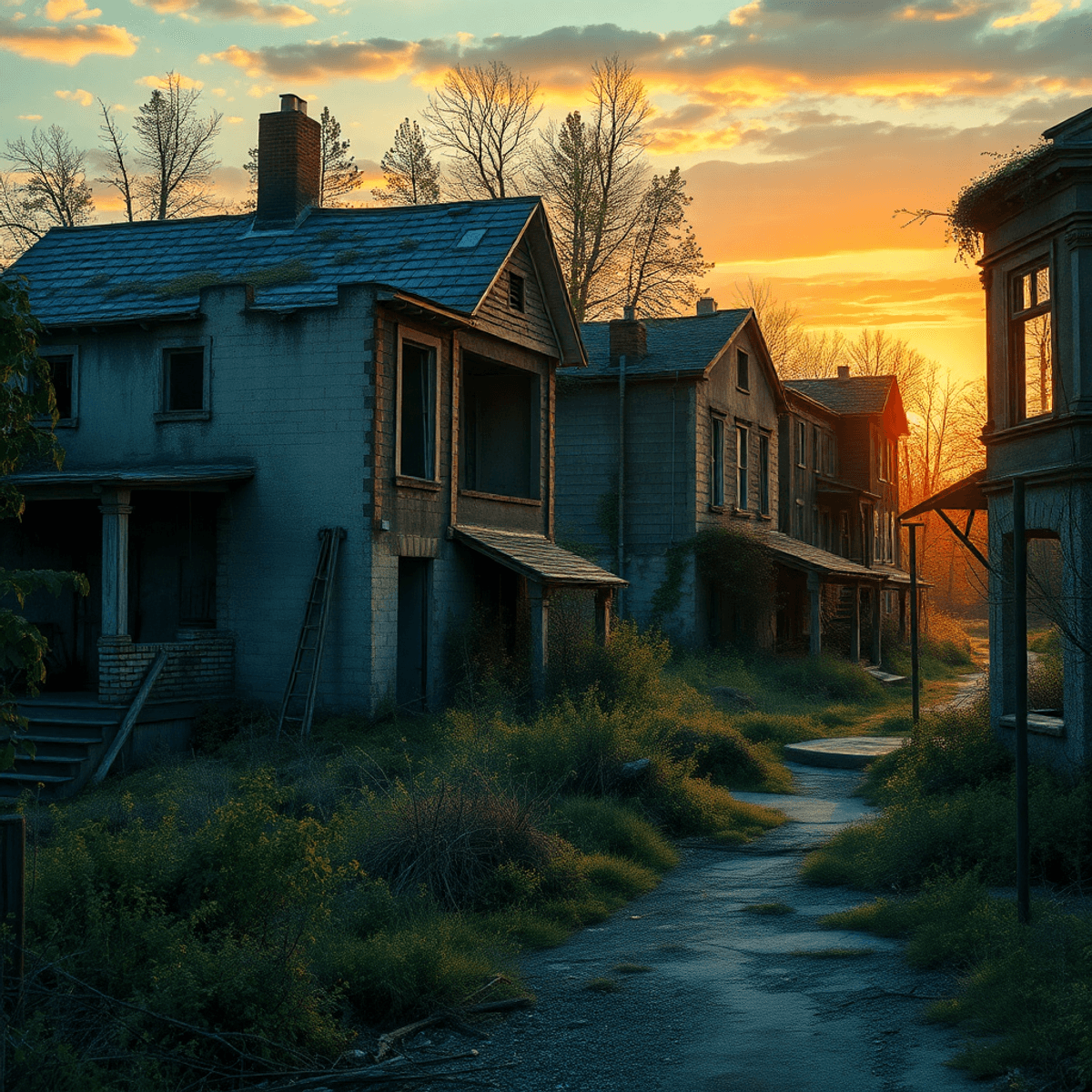 An abandoned ghost town with crumbling buildings and overgrown vegetation, illuminated by warm sunset light, creating a nostalgic atmosphere.