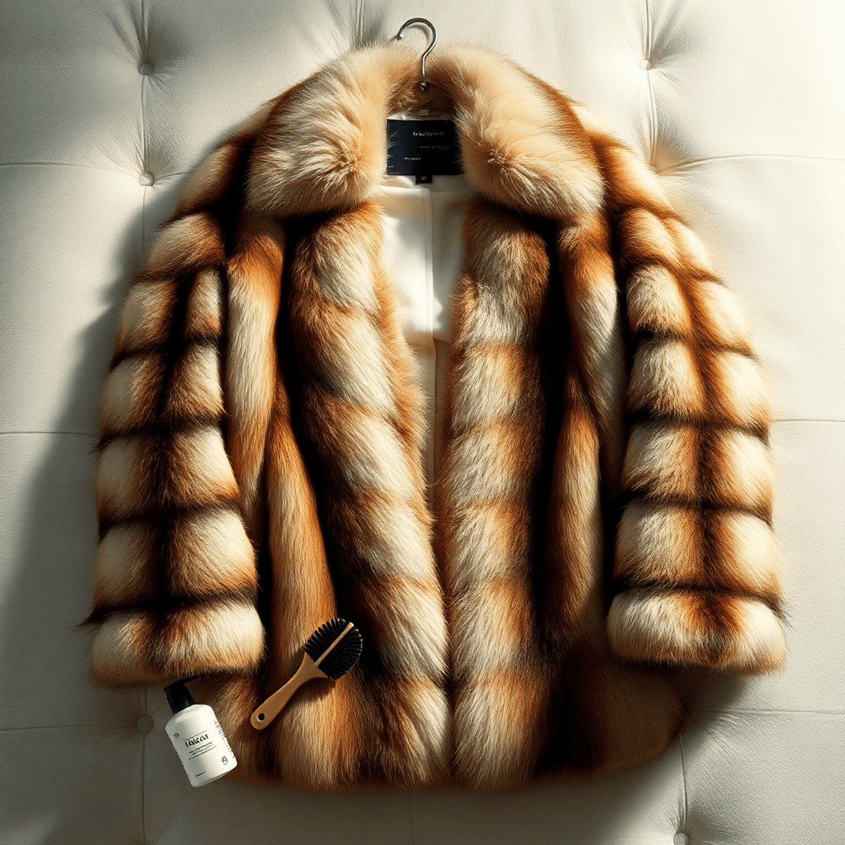 A luxurious fur coat displayed on a plush surface, with gentle lighting and care products like a brush and cleaning solution, exuding sophistication and style.