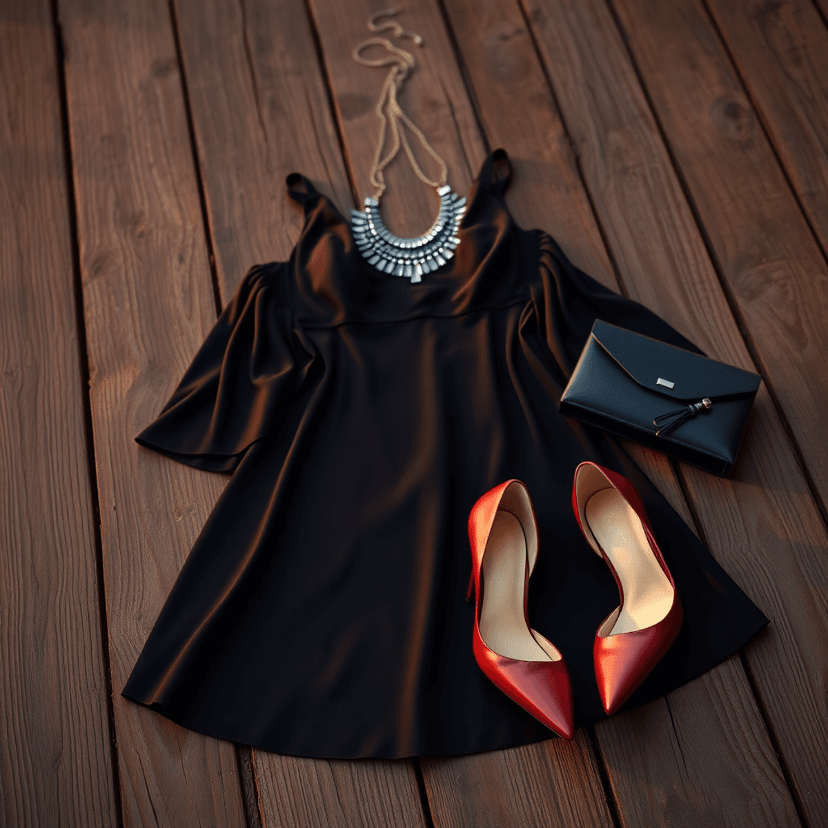 A stylish evening outfit displayed on a rustic wooden surface, with a statement necklace, elegant heels, and a chic clutch under soft sunset lighting.