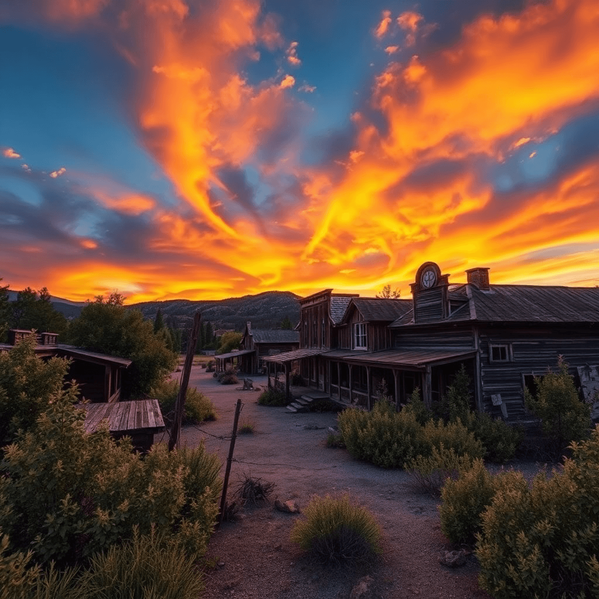 An abandoned ghost town with weathered wooden buildings and overgrown vegetation under a dramatic sunset sky, creating an atmosphere of mystery and adventure.