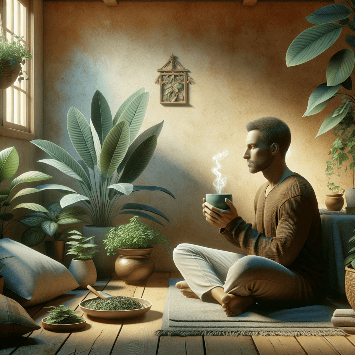 A Caucasian person sitting comfortably in a cozy corner of a home, cradling a cup of herbal tea, surrounded by lush green plants. The individual is dressed in casual attire, exuding relaxation and tranquility. The warm lighting and natural elements create a serene atmosphere, emphasizing a sense of calm and healing.