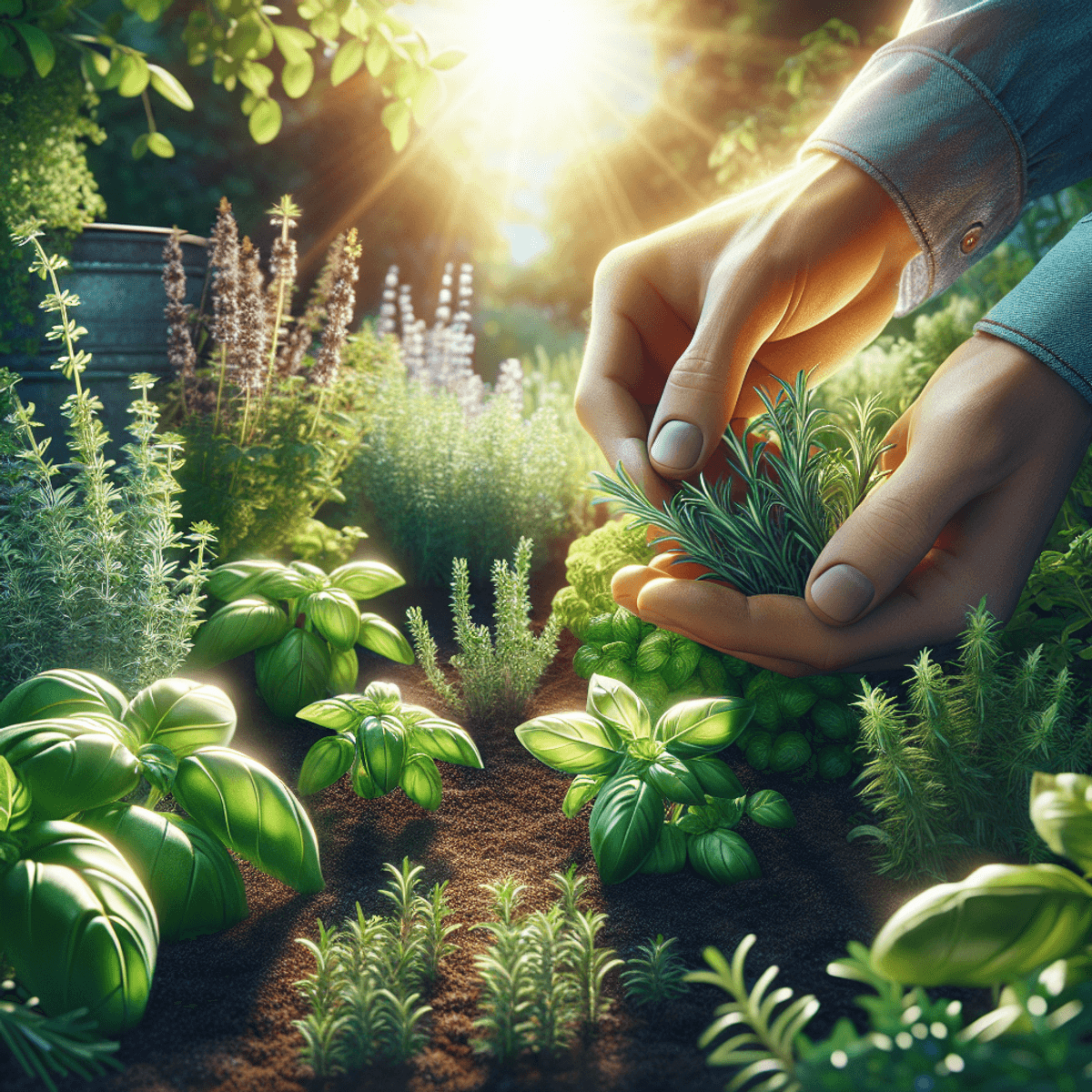 A pair of hands of Hispanic descent gently harvesting fresh sprigs of basil, rosemary, and thyme from a sunlit herb garden, surrounded by lush greenery, under a bright and vibrant atmosphere.