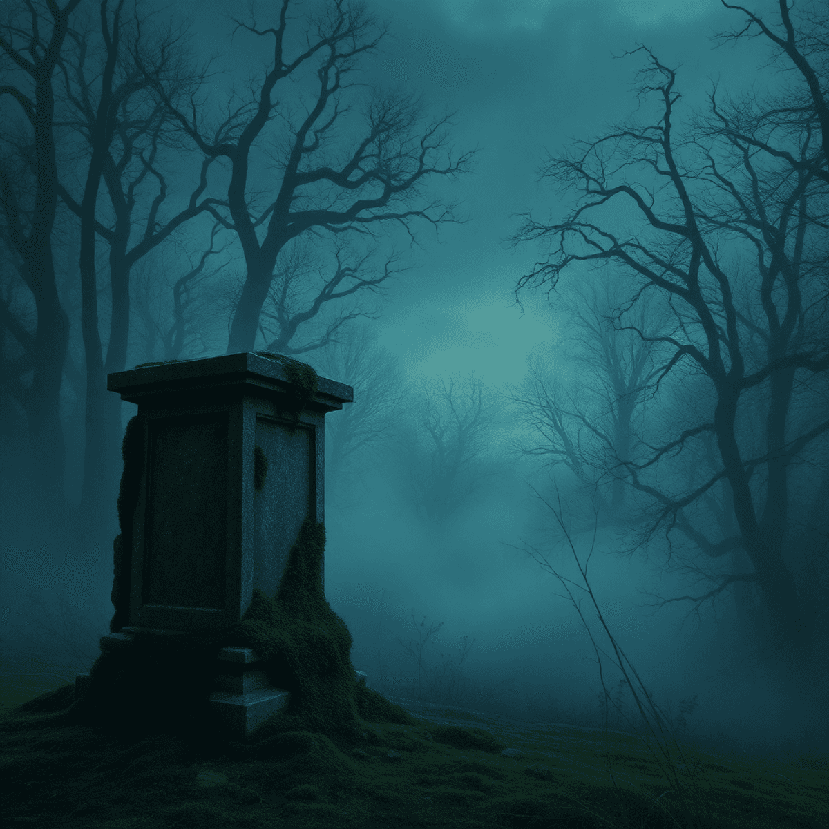 A mystical dusk landscape with a misty forest and fog weaving through ancient trees, featuring a moss-covered stone monument in the foreground, evoking history and mystery.