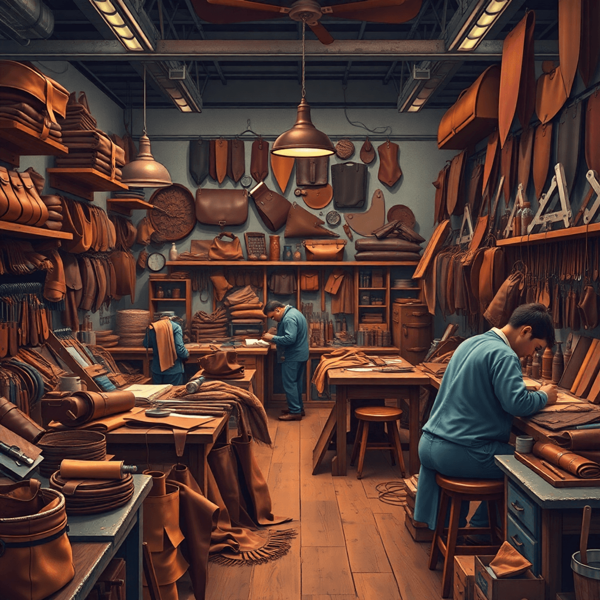 A lively leather workshop with artisans crafting various leather goods, surrounded by tools and materials, showcasing the creative process and craftsmanship.
