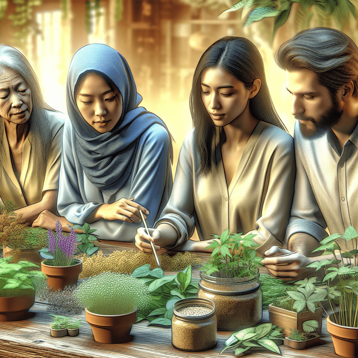 Four individuals of diverse descents engaged in a lively discussion around a table overflowing with various herbs and plants. A Caucasian woman, an Asian man, a Hispanic woman, and a Middle-Eastern man are intently examining the herbs, reflecting their collaboration in herbal medicine. The bright and inviting atmosphere is filled with elements that suggest exploration and discovery.