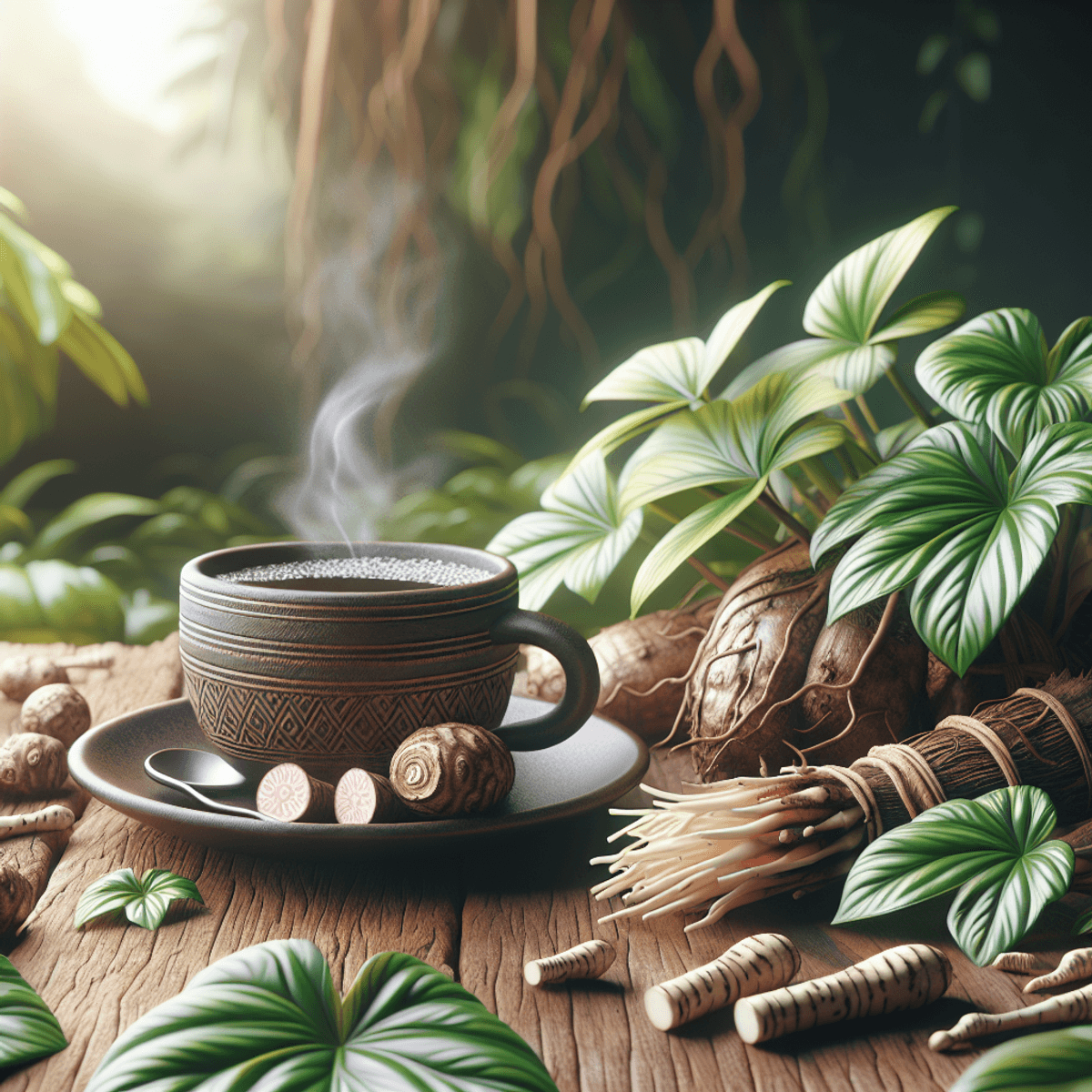 A steaming cup of kava tea sits on a rustic wooden table, surrounded by fresh kava roots and vibrant green leaves, evoking a sense of relaxation and wellness in a tranquil setting.