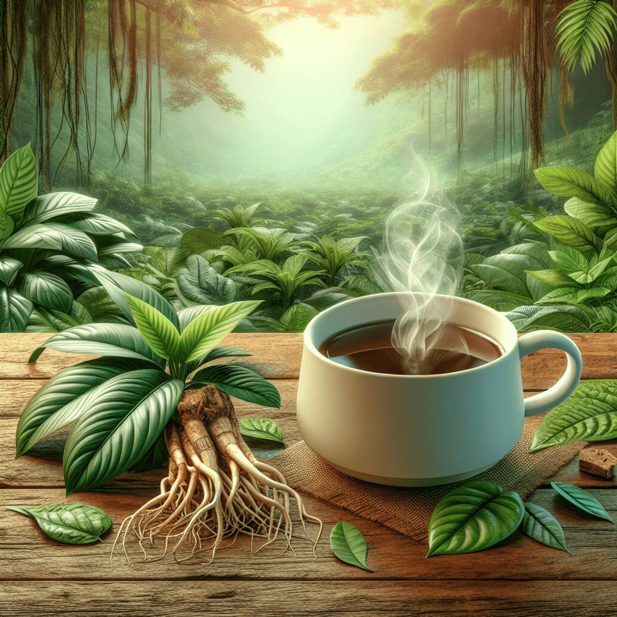 A steaming cup of kava tea rests on a rustic wooden table, surrounded by fresh kava roots and vibrant green leaves. The background features a serene garden or rainforest, filled with lush vegetation, creating an atmosphere of calmness and relaxation.