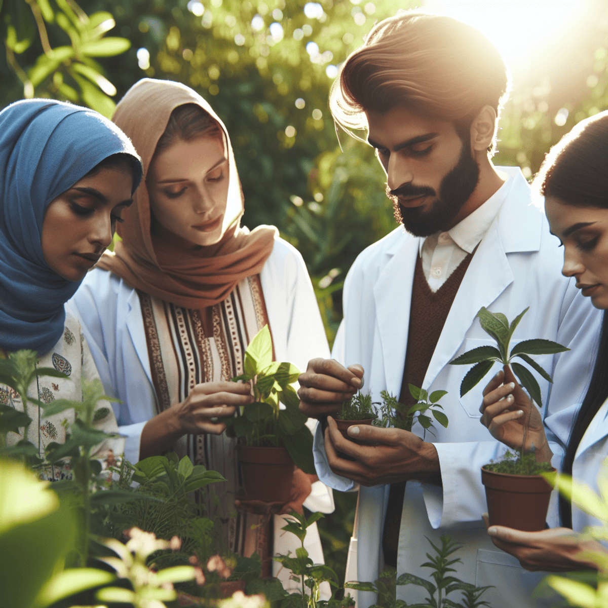 A diverse group of four individuals, including a Middle-Eastern female pharmacologist, a South Asian male ethnobotanist, a Caucasian male botanist, and a Hispanic female herbologist, are closely examining various herbs in a lush garden bathed in afternoon sunlight. They handle the plants with care, showcasing their dedication and expertise in herbal remedies. Their focused expressions reflect knowledge and trust in their fields, surrounded by vibrant greenery that emphasizes the importance of natural alternatives.