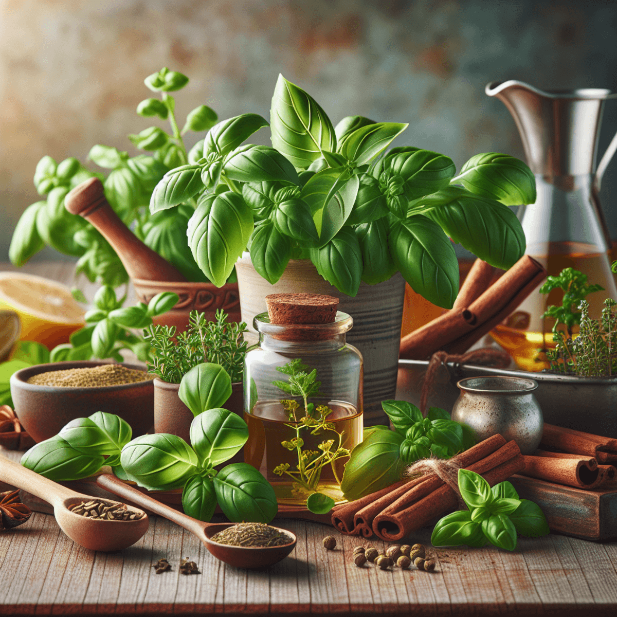 A vibrant assortment of fresh herbs including basil, cinnamon, and fenugreek artfully arranged on a rustic wooden kitchen table. A small glass jar filled with herbal tea sits nearby, alongside a measuring spoon. The background is softly blurred, emphasizing the rich colors and textures of the herbs in the foreground, creating a serene atmosphere that conveys health and wellness without any text or words.