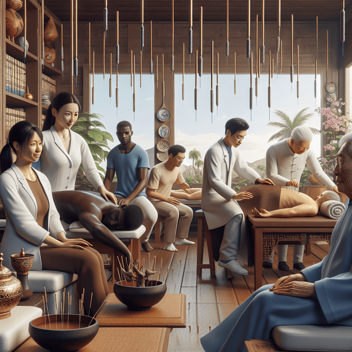 A tranquil acupuncture clinic featuring a South Asian female acupuncturist treating a diverse group of patients: a Black man, a Hispanic woman, a Caucasian elderly person, and a Middle-Eastern young lady. The room is filled with traditional acupuncture tools such as fine needles, moxibustion sticks, and cupping glasses, all set against a contemporary clinic layout that highlights the blend of ancient healing practices with modern medicine.