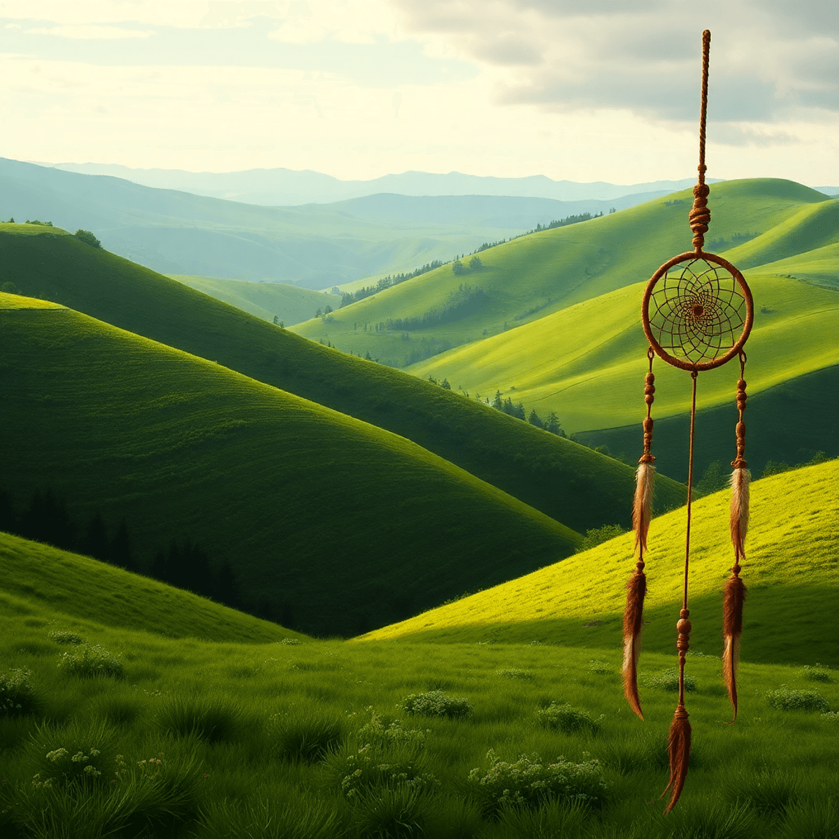 A serene landscape of lush green hills featuring symbols of Native American culture, including a woven basket and a dreamcatcher, evoking history and connection to the land.