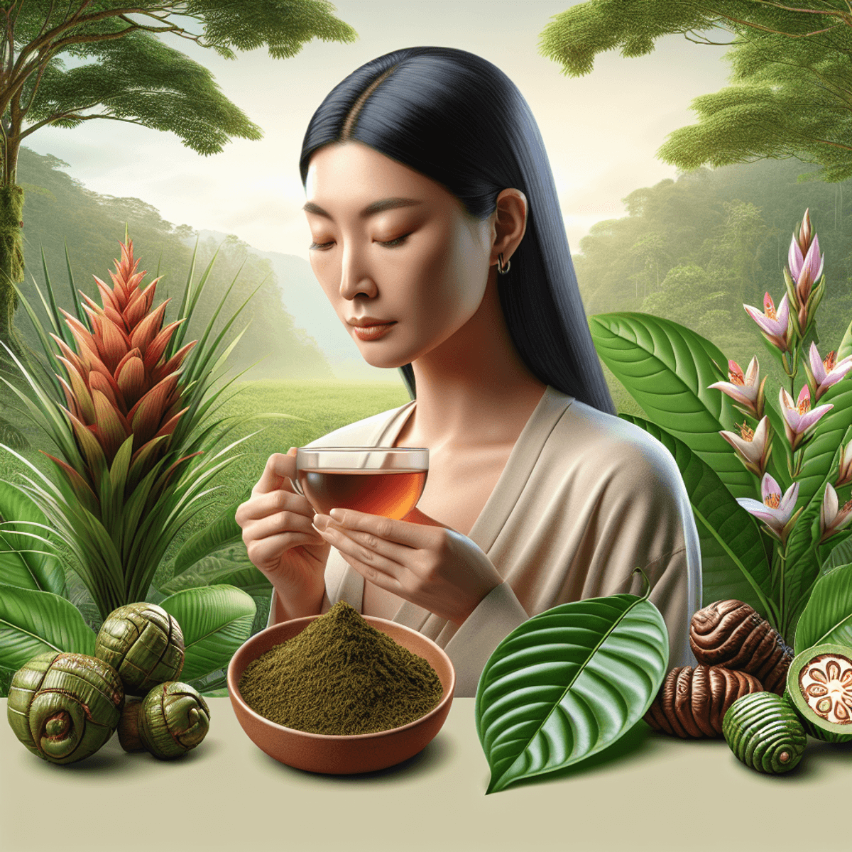 A serene outdoor scene featuring an Asian woman with a calm expression, sitting comfortably among lush greenery. She is gently sipping herbal tea made from Kava and Kratom, surrounded by the vibrant leaves of both plants. The background showcases a tranquil nature setting with soft sunlight filtering through trees, enhancing the peaceful atmosphere. The overall composition radiates relaxation and harmony with nature.